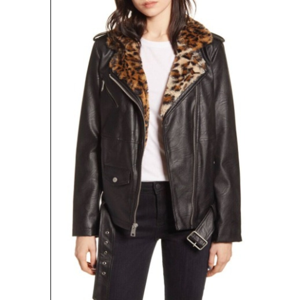 Levi's Women Black Faux Leather Faux Leopard Fur Collared Moto Biker Jacket Sz S